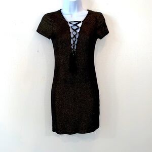 After Party By Nasty Gal Black & Metallic Gold Lace Up V- Neck Bodycon Dress